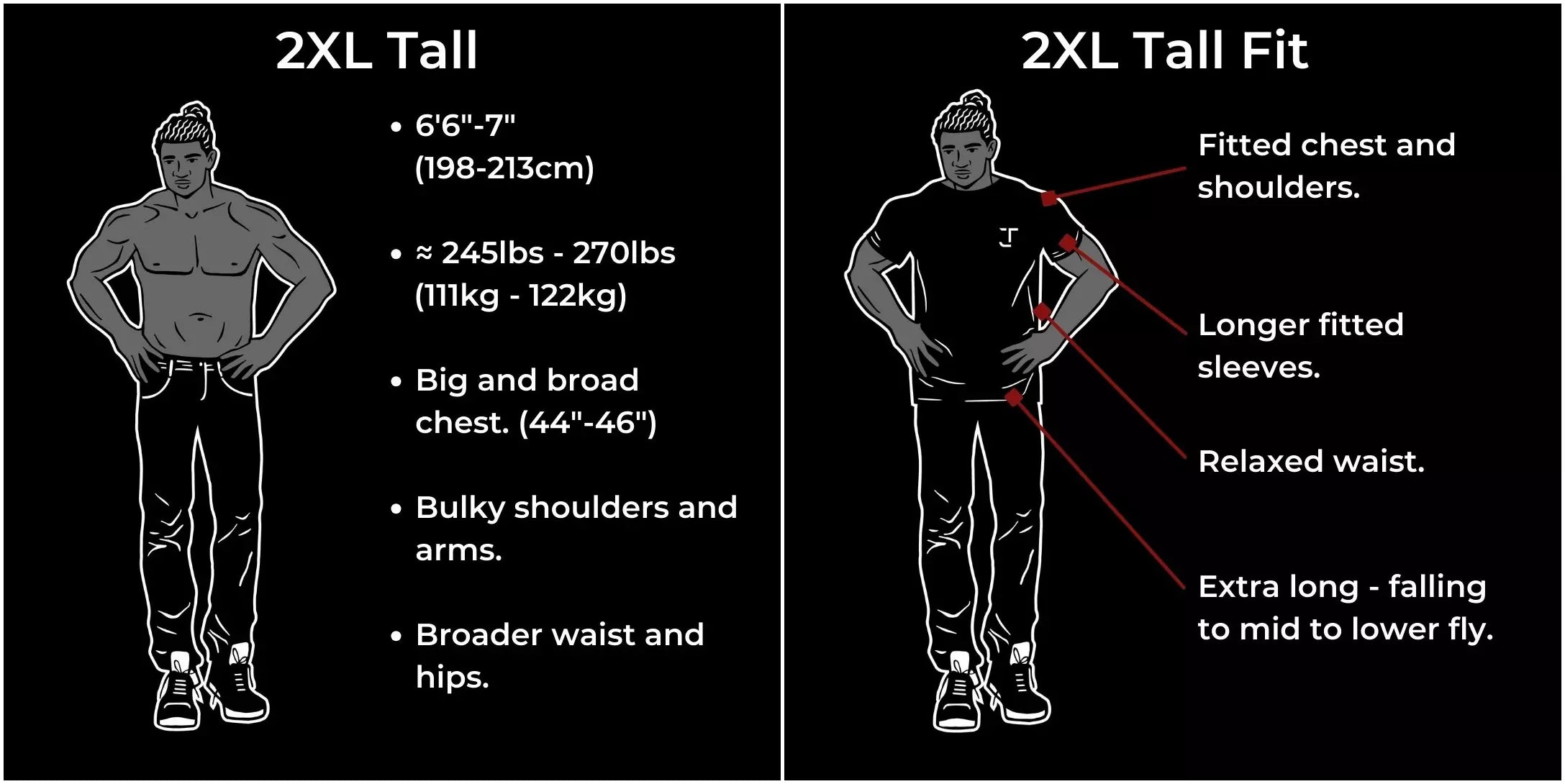 2XL tall for tall and broad guys 245-270lbs and 6'6