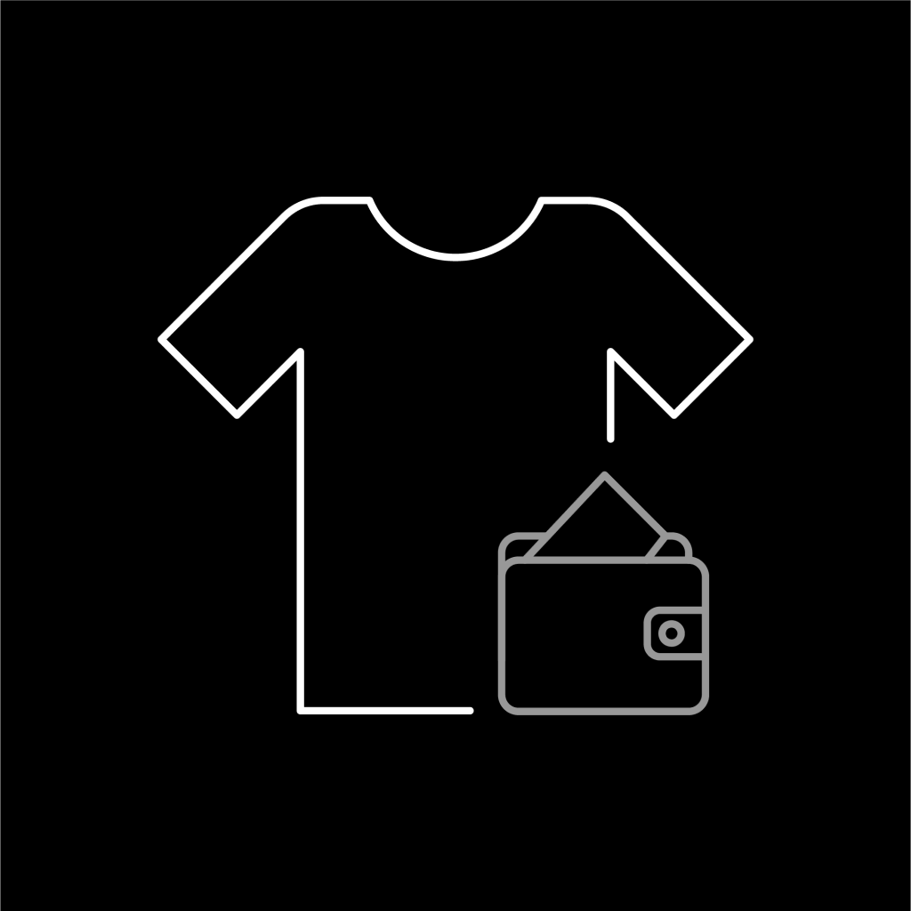 An icon with a t-shirt and a wallet depicting that our tall slim t-shirts are affordable.