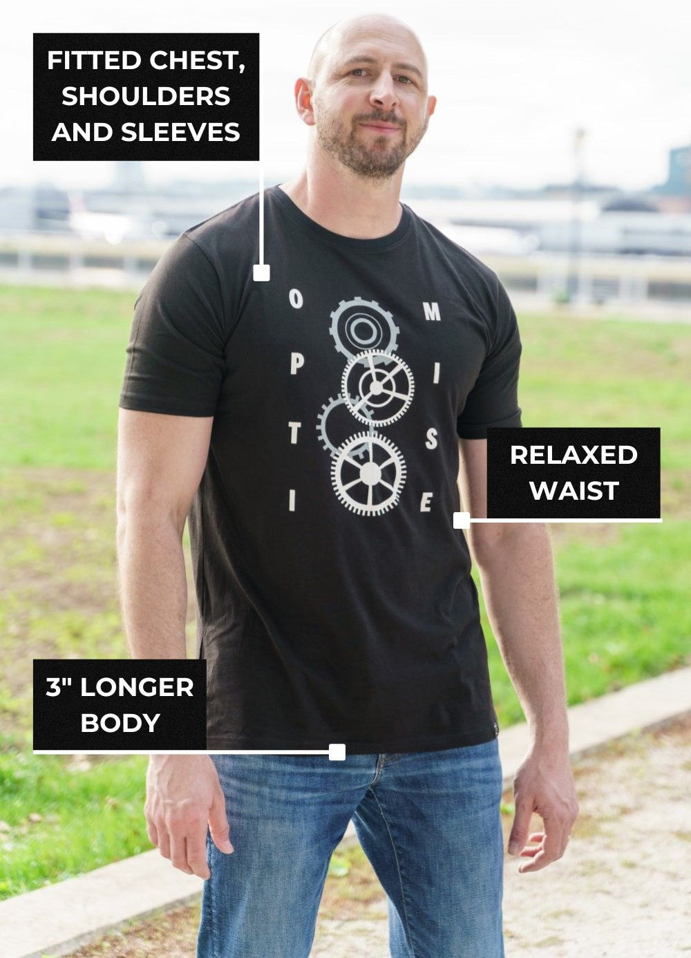 Fitted chest shoulders and sleeves, relaxed waist and 3" longer t-shirt lengths.