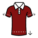 An icon of a polo shirt with down arrows at the bottom hem and sleeves to show that our polo shirts are extra long.