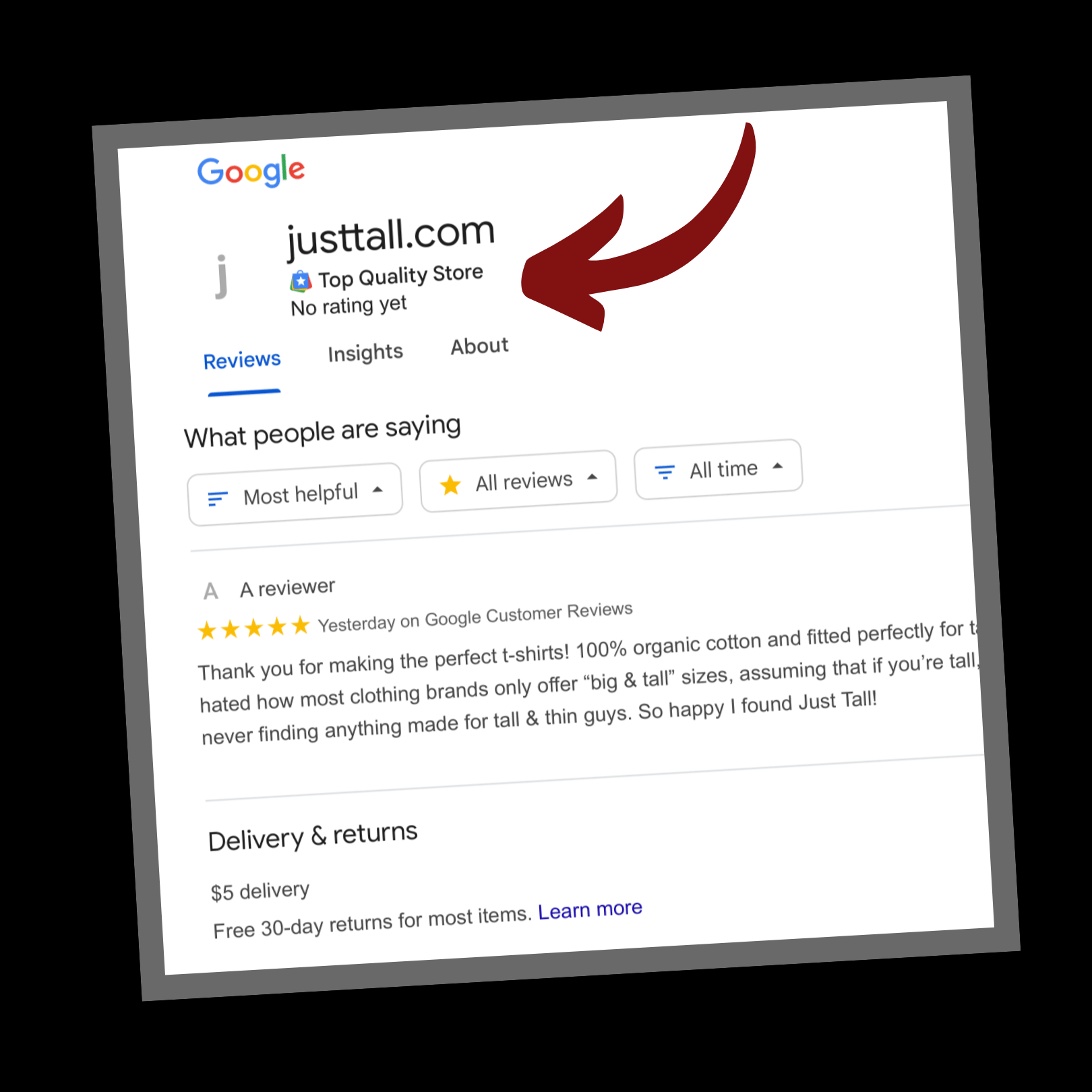 In September 2024, Just Tall became a Google Top Qualiy Store with high performance in website speed, shipping, returns and payment methods.