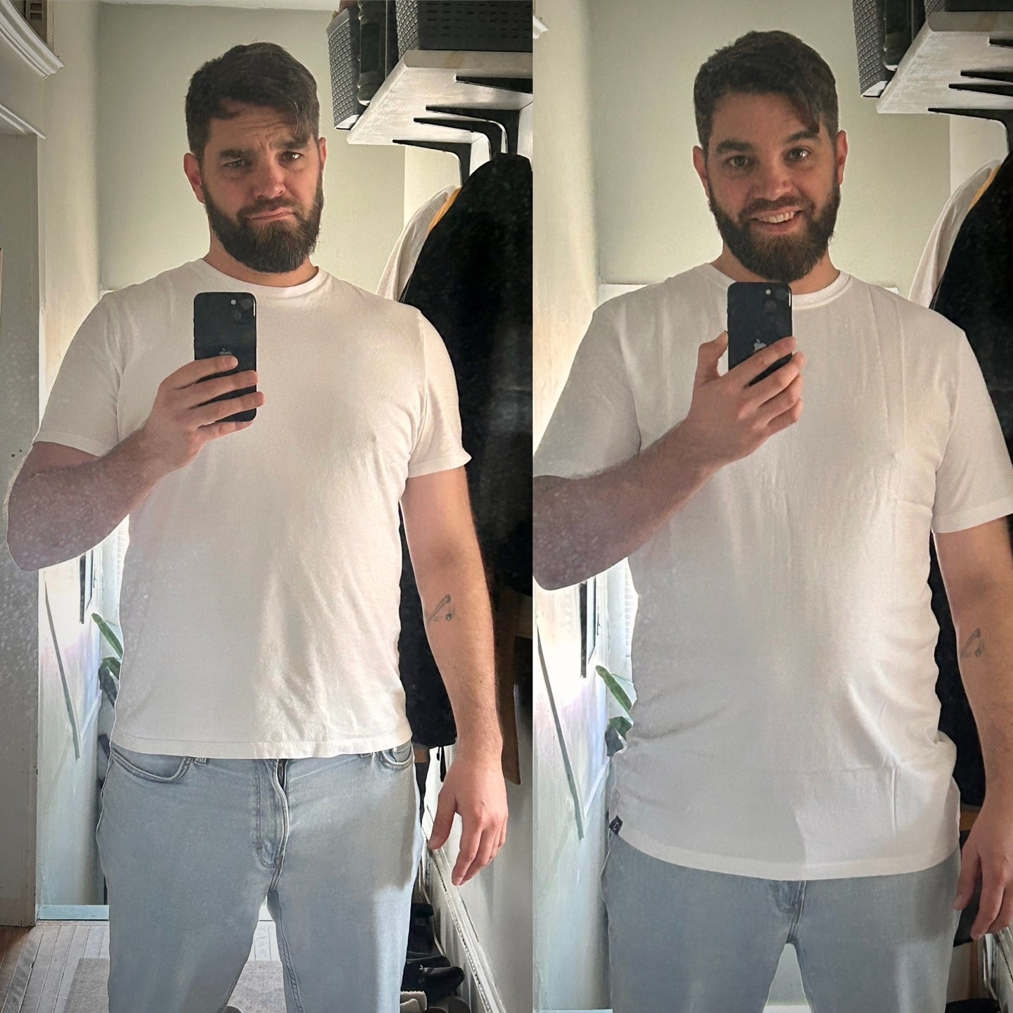 Mike Venn, a tall slim guy, wearing our XL tall white t-shirt.
