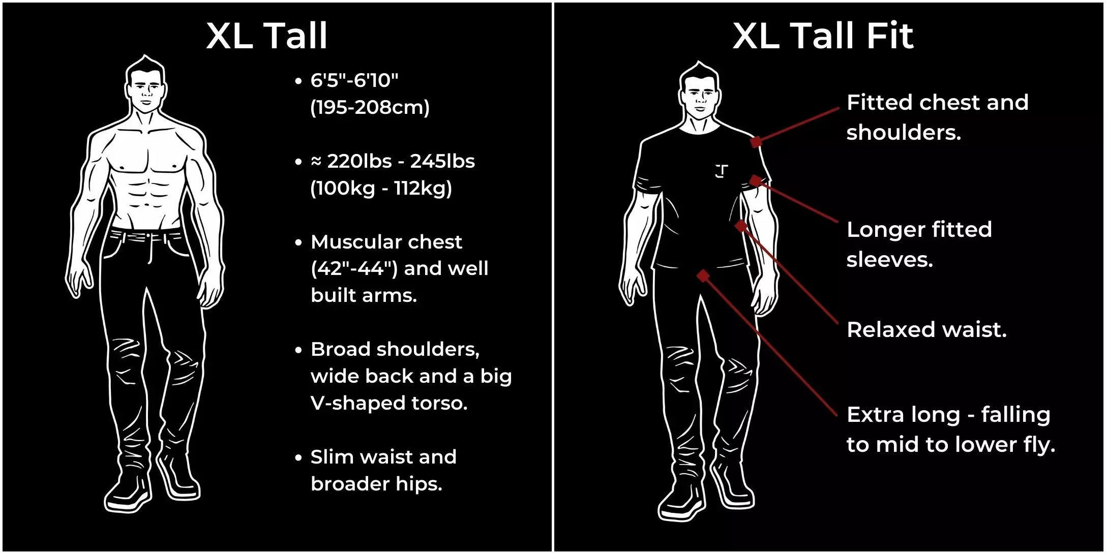 XL tall for tall and muscular guys 220-245lbs and 6'5