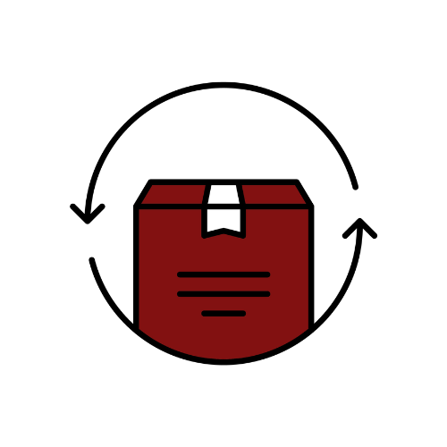 Red box icon with a white label inside a circle with arrows, on a white background