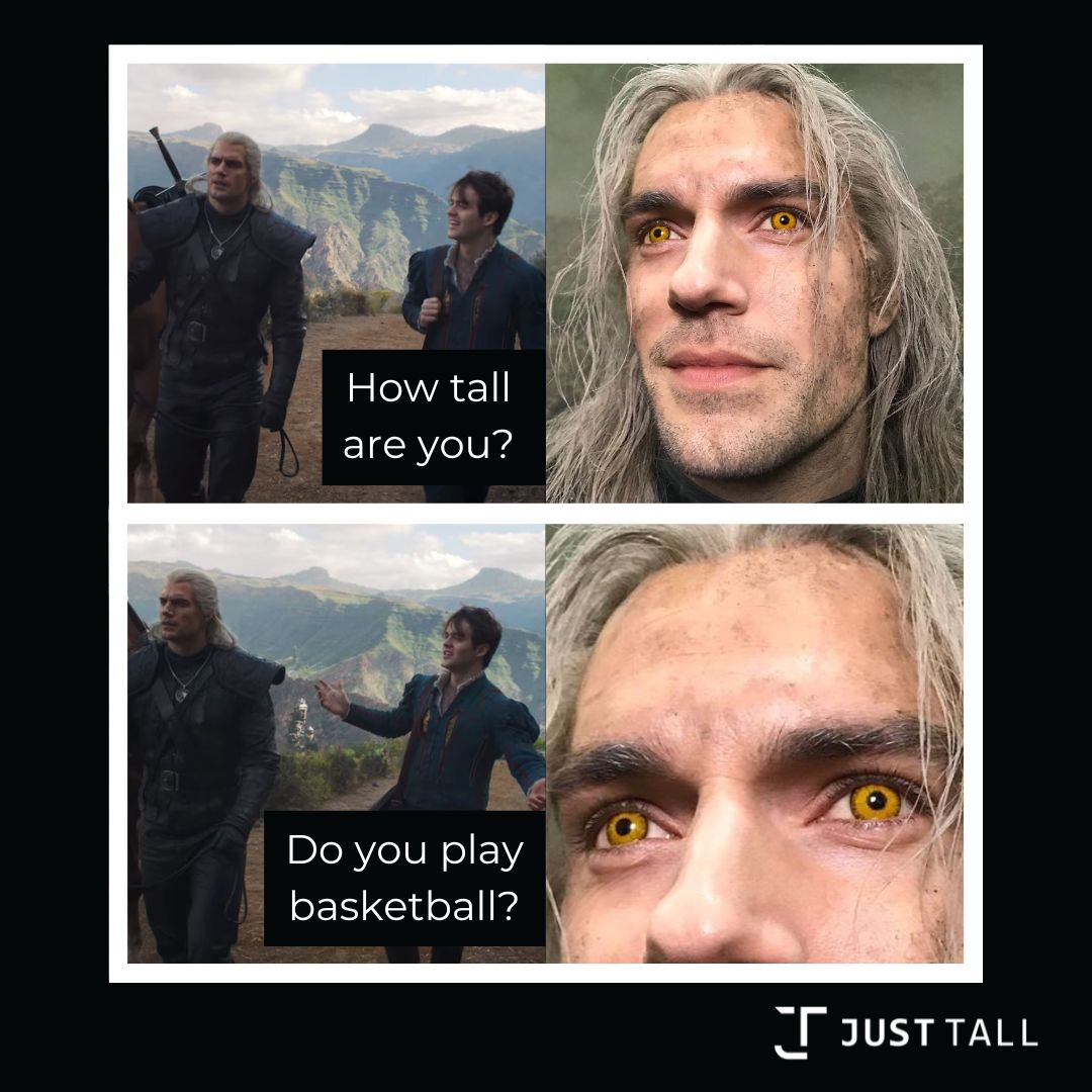 Meme from The Witcher showing Geralt and Jaskier with captions “How tall are you?” and “Do you play basketball?” Branded with Just Tall logo, highlighting tall men’s clothing humor.