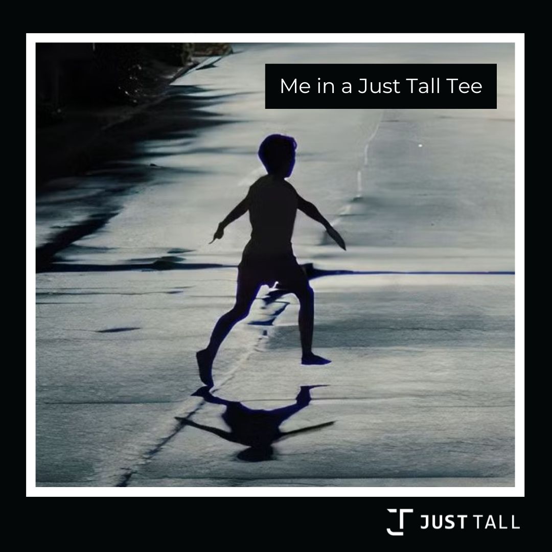 Funny tall men’s clothing meme showing a boy running with arms outstretched, captioned “Me in a Just Tall Tee,” promoting extra-long slim fit T-shirts from Just Tall.