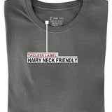 A folded dark grey medium tall t-shirt showing the tagless label.