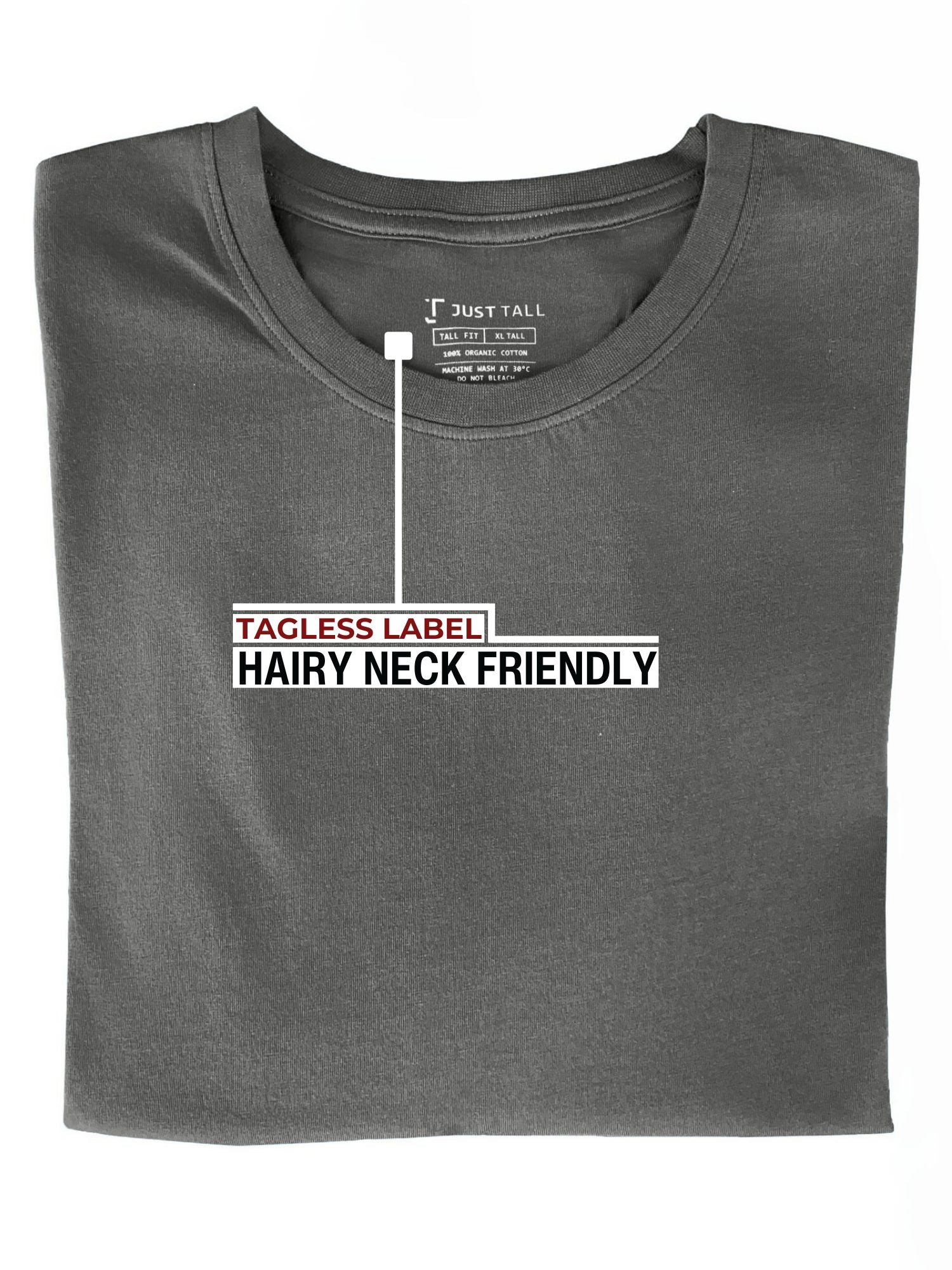 A folded dark grey medium tall t-shirt showing the tagless label.