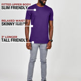 A head to toe shot of a tall slim guy in a studio and wearing a royal purple large tall slim t-shirt.