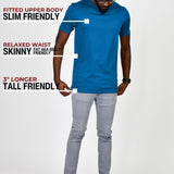 A head to toe shot in a studio of a tall and athletic guy wearing an azure large tall slim t-shirt.