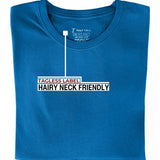 A close up of the tagless itch-free azure tall t-shirt neck label.