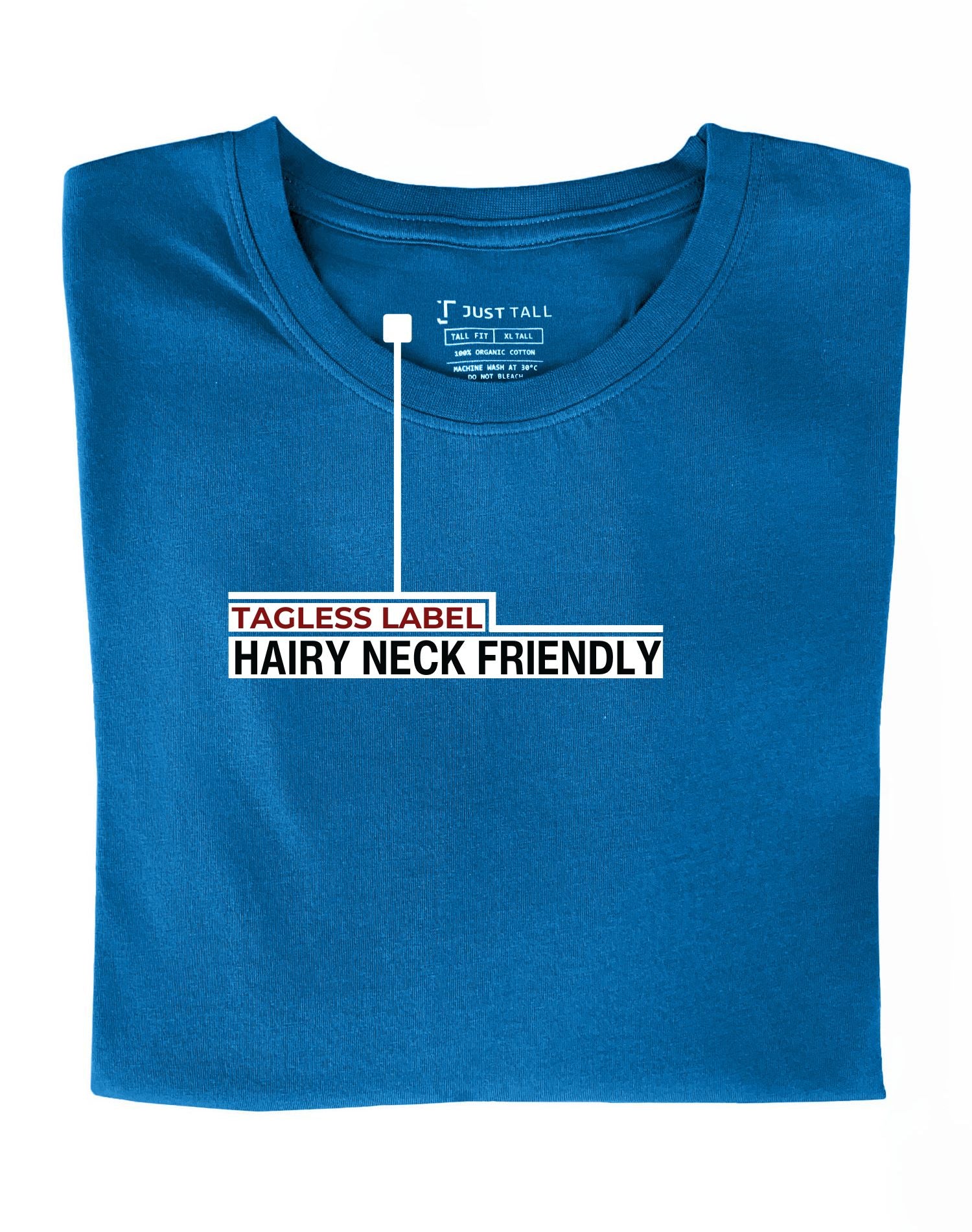 A close up of the tagless itch-free azure tall t-shirt neck label.