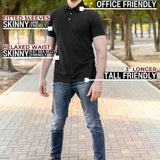 A head to toe shot of a tall athletic man in a park wearing a black XL tall polo shirt and smiling.