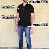 A head to toe shot of a tall slim guy wearing an XL tall black zip polo shirt.