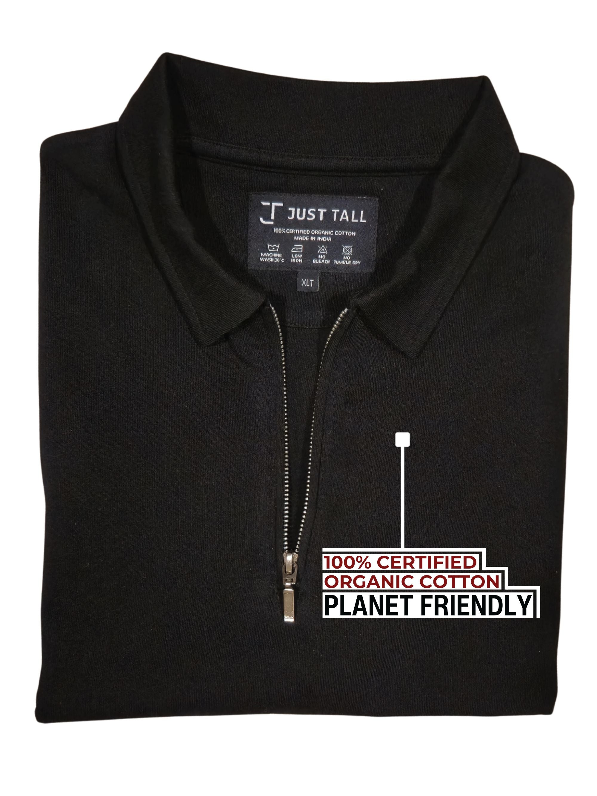 Close up of Just Tall's zip polo shirt.