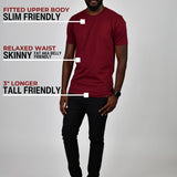 A head to toe shot of a tall slim guy in a studio and wearing a cabernet large tall slim t-shirt.