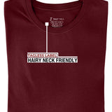 A folded cabernet medium tall t-shirt showing the tagless label.