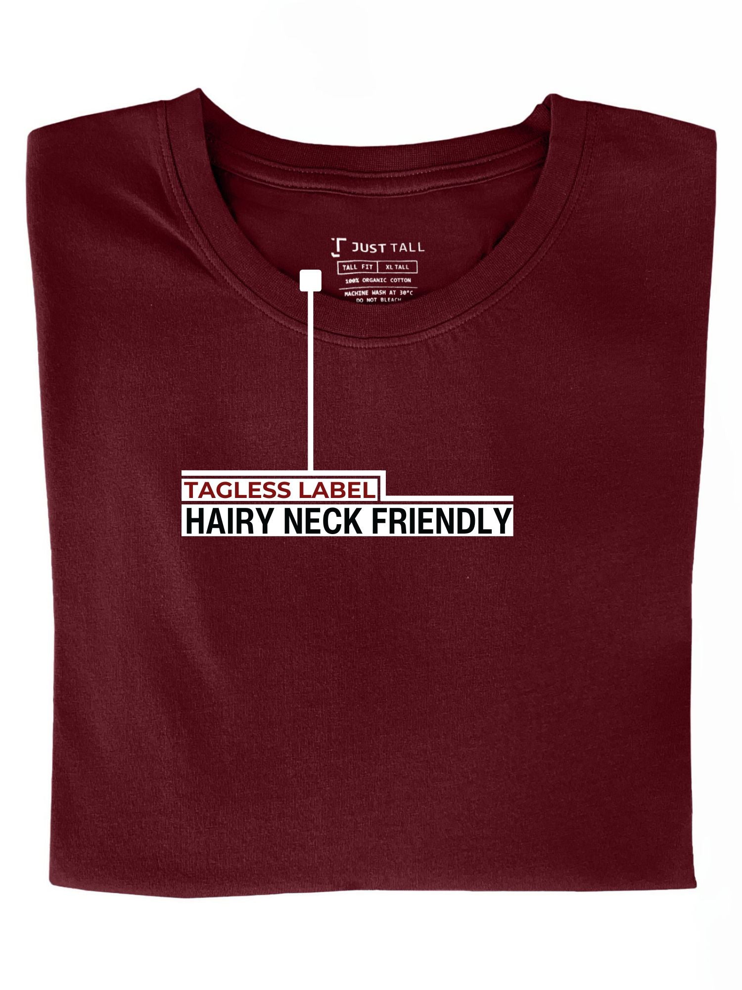 A folded cabernet medium tall t-shirt showing the tagless label.