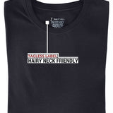 A folded charcoal medium tall t-shirt showing the tagless label.