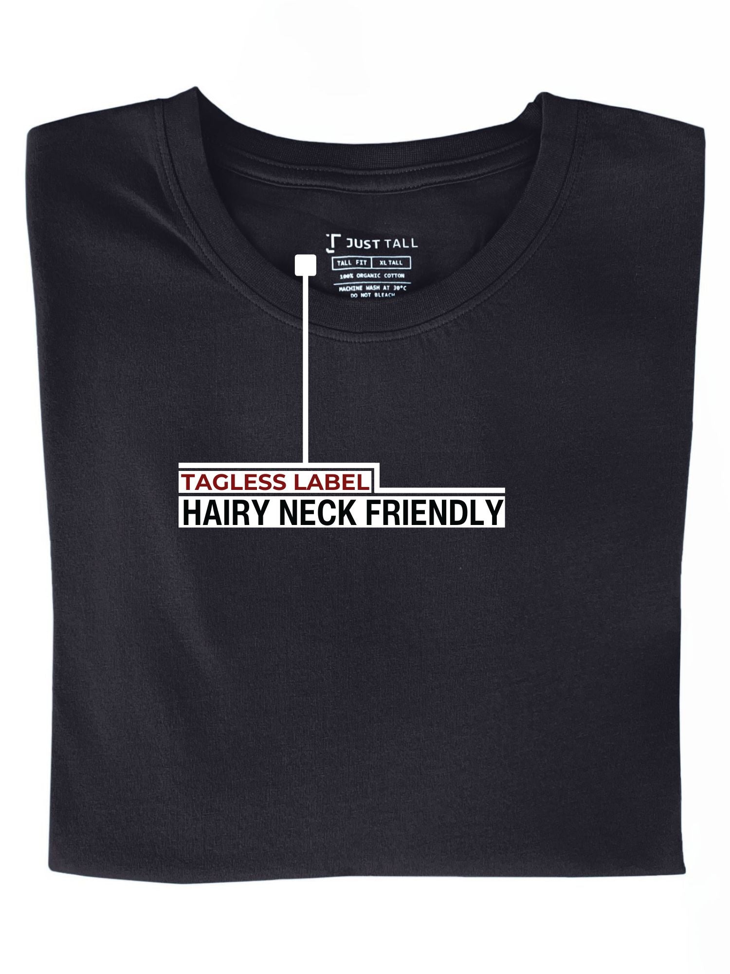 A folded charcoal medium tall t-shirt showing the tagless label.