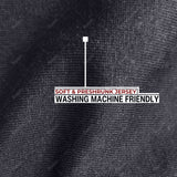 A close up of the soft and stretchy fabric that is preshrunk and washing machine friendly.