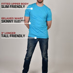 A head to toe shot of a tall slim guy in a studio and wearing a cyan XL tall slim t-shirt.