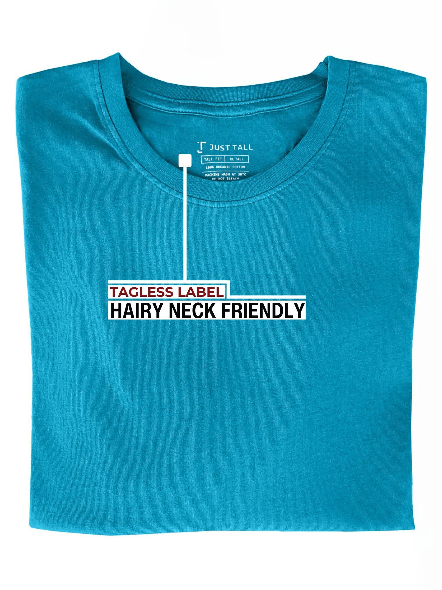 A folded cyan XL tall t-shirt showing the tagless label.
