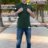A head to toe shot of a tall athletic man in a park wearing a dark pine XL tall polo shirt and smiling.