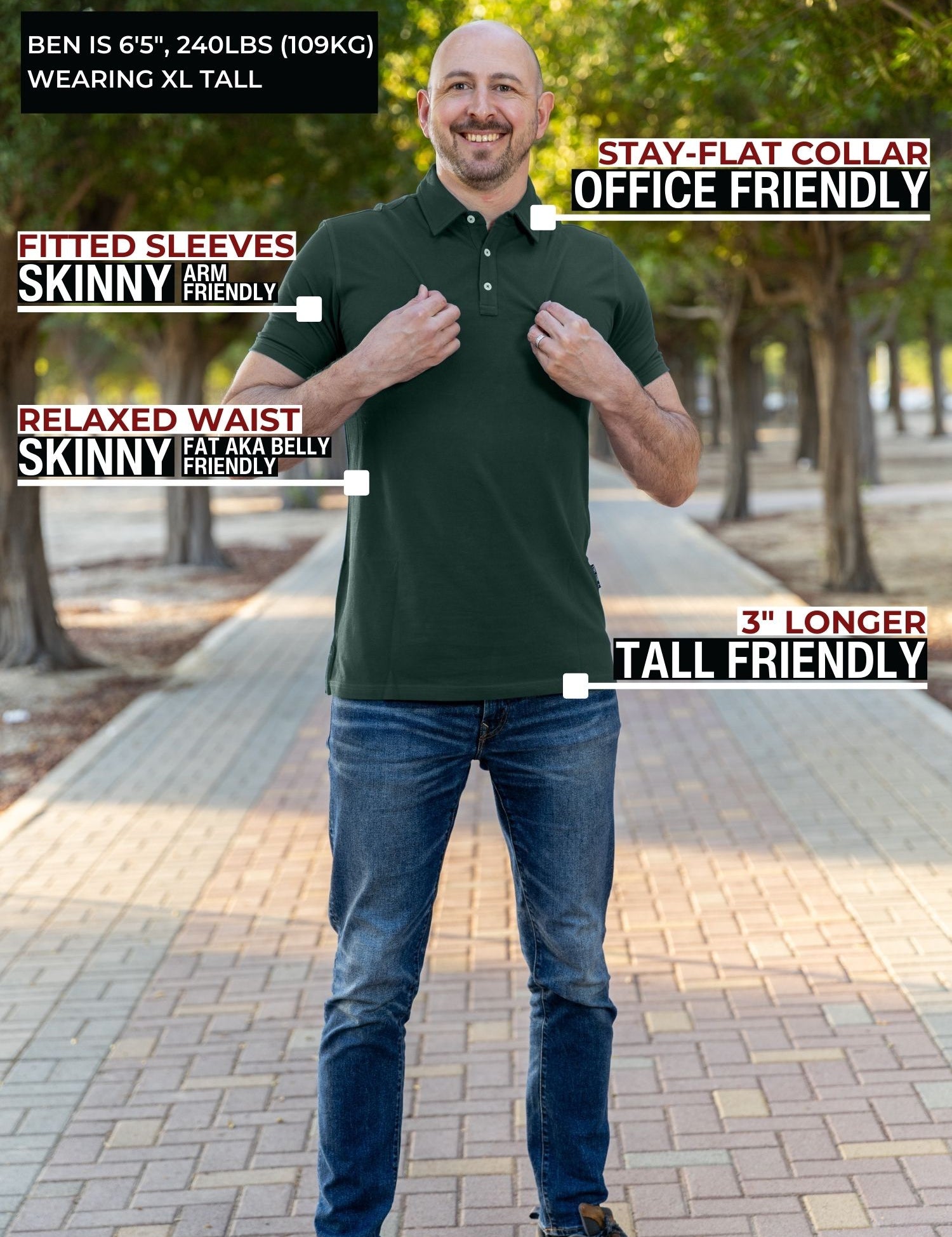 A head to toe shot of a tall athletic man in a park wearing a dark pine XL tall polo shirt and smiling.