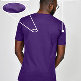 A shot from behind of a tall and slim guy in a studio and wearing a dark purple large tall slim t-shirt.
