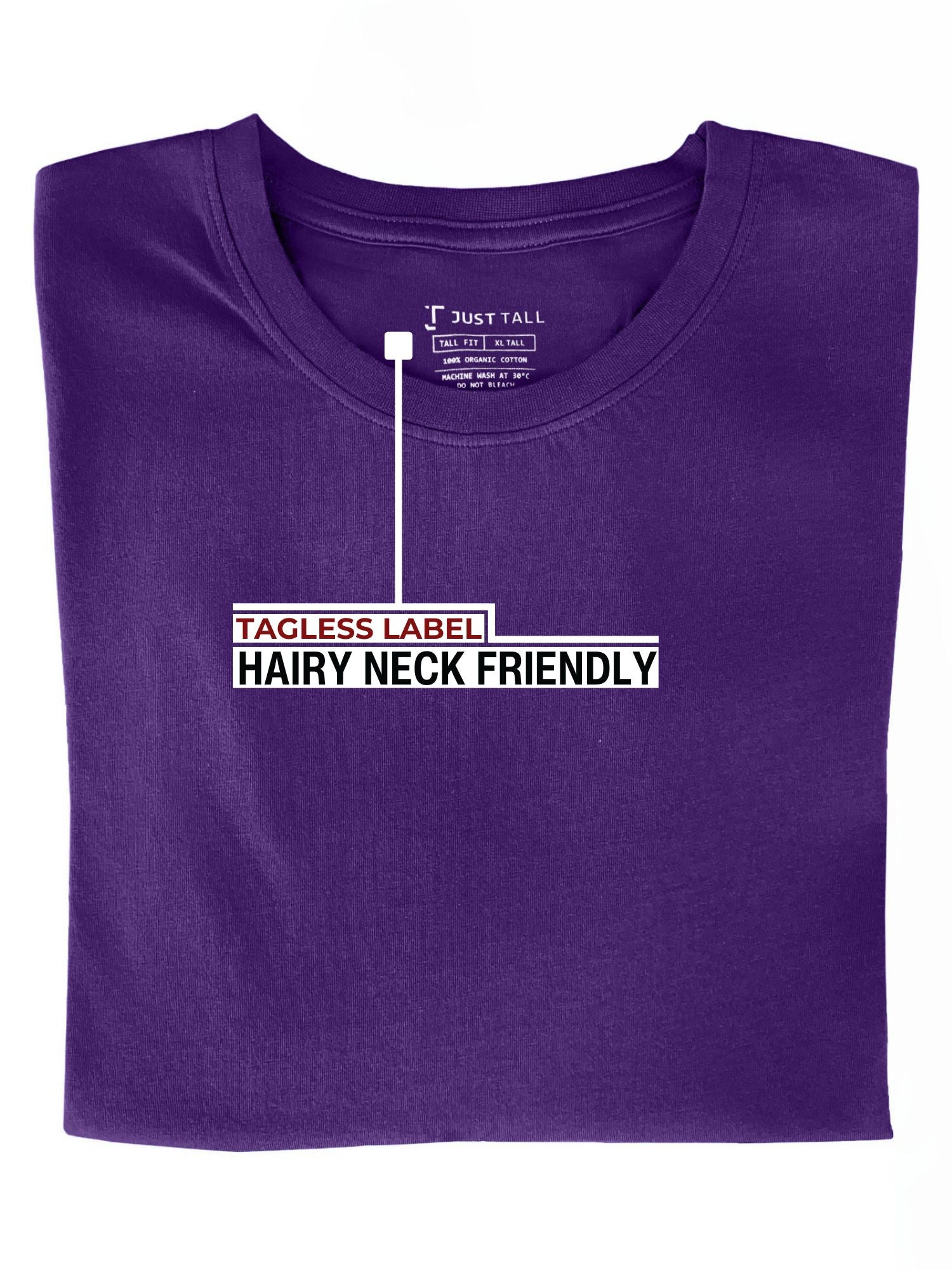 A folded royal purple XL tall t-shirt showing the tagless label.