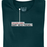 A folded dark teal medium tall t-shirt showing the tagless label.