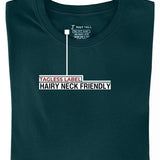 A folded dark teal medium tall t-shirt showing the tagless label.