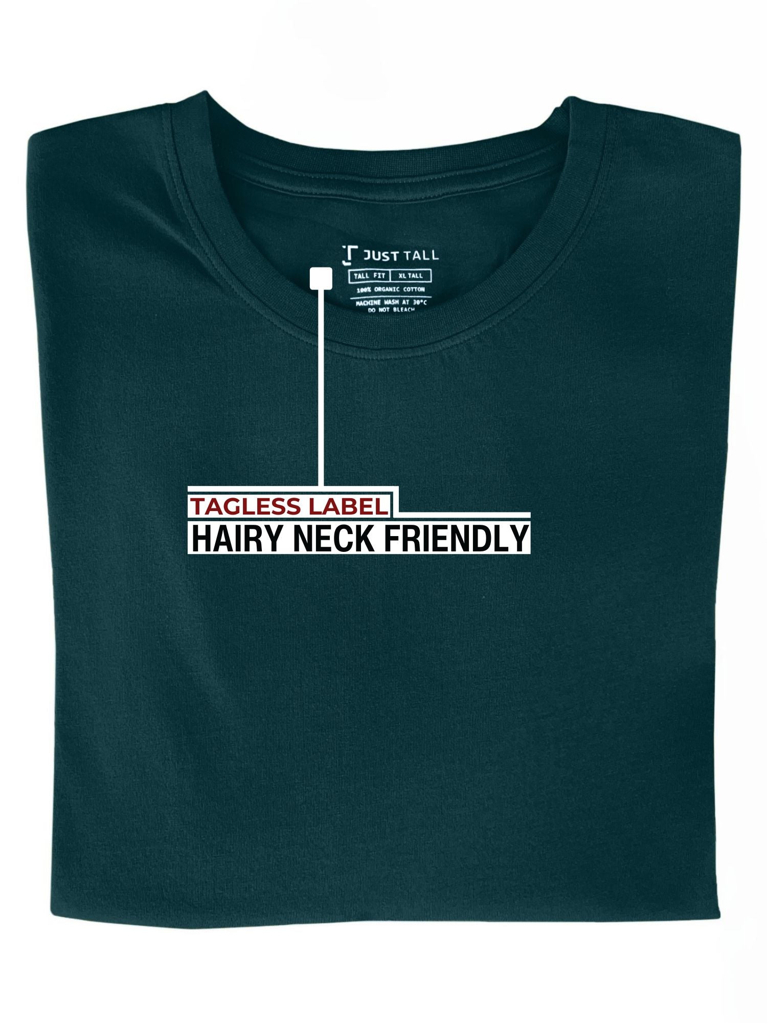 A folded dark teal medium tall t-shirt showing the tagless label.