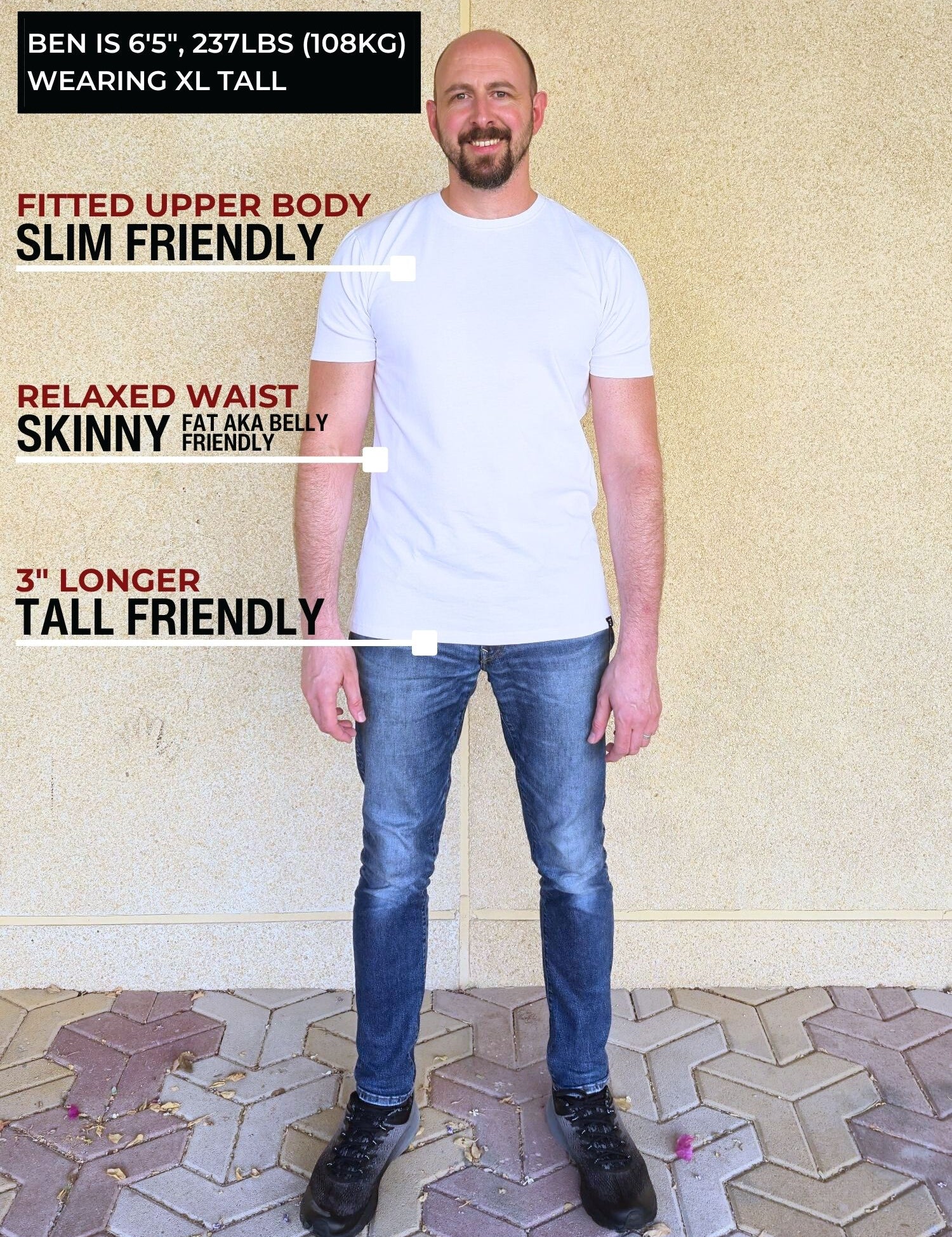 A head to toe shot of tall slim man wearing an XL tall heavyweight white t-shirt.