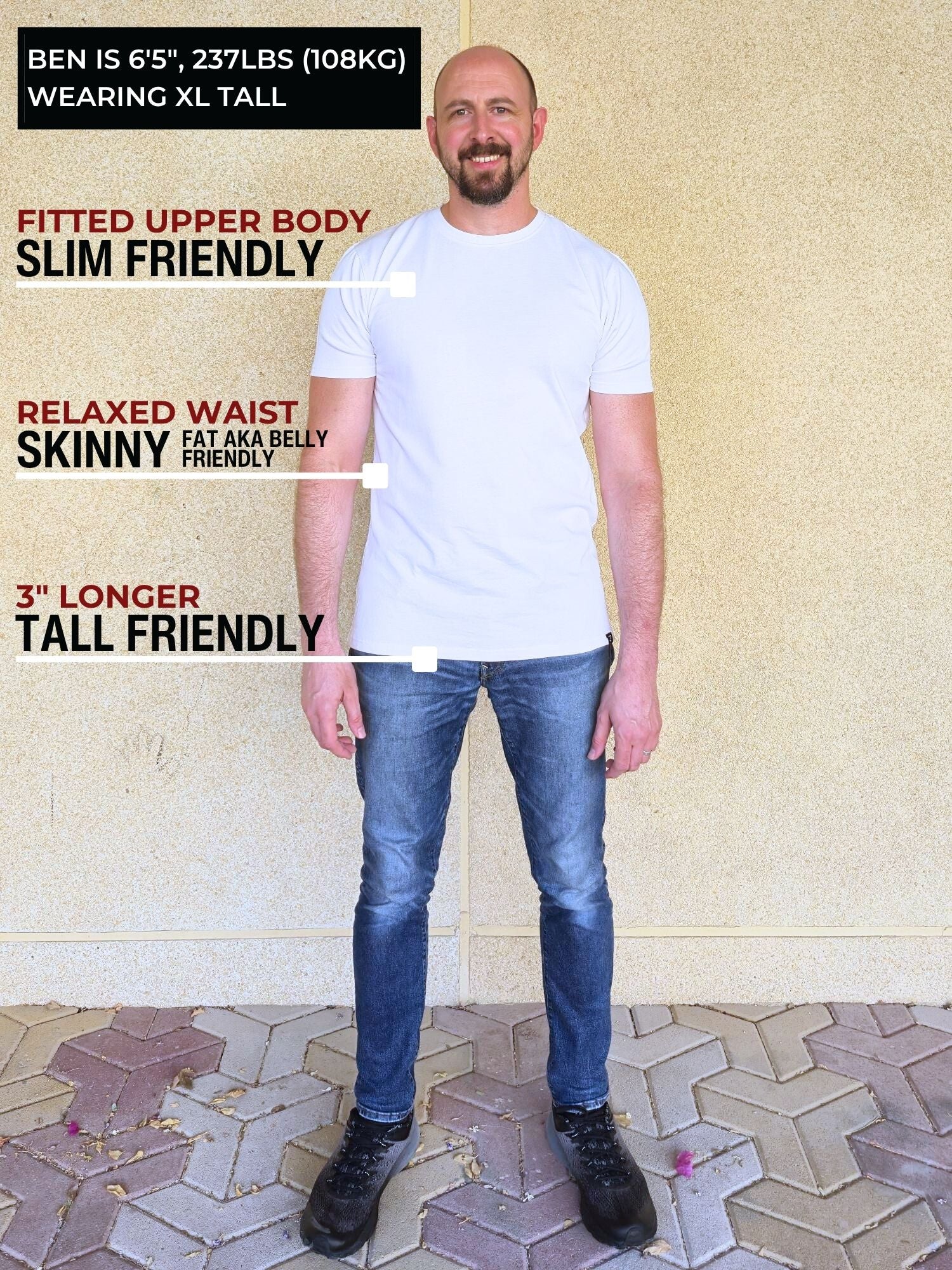 A head to toe shot of tall slim man wearing an XL tall heavyweight white t-shirt.