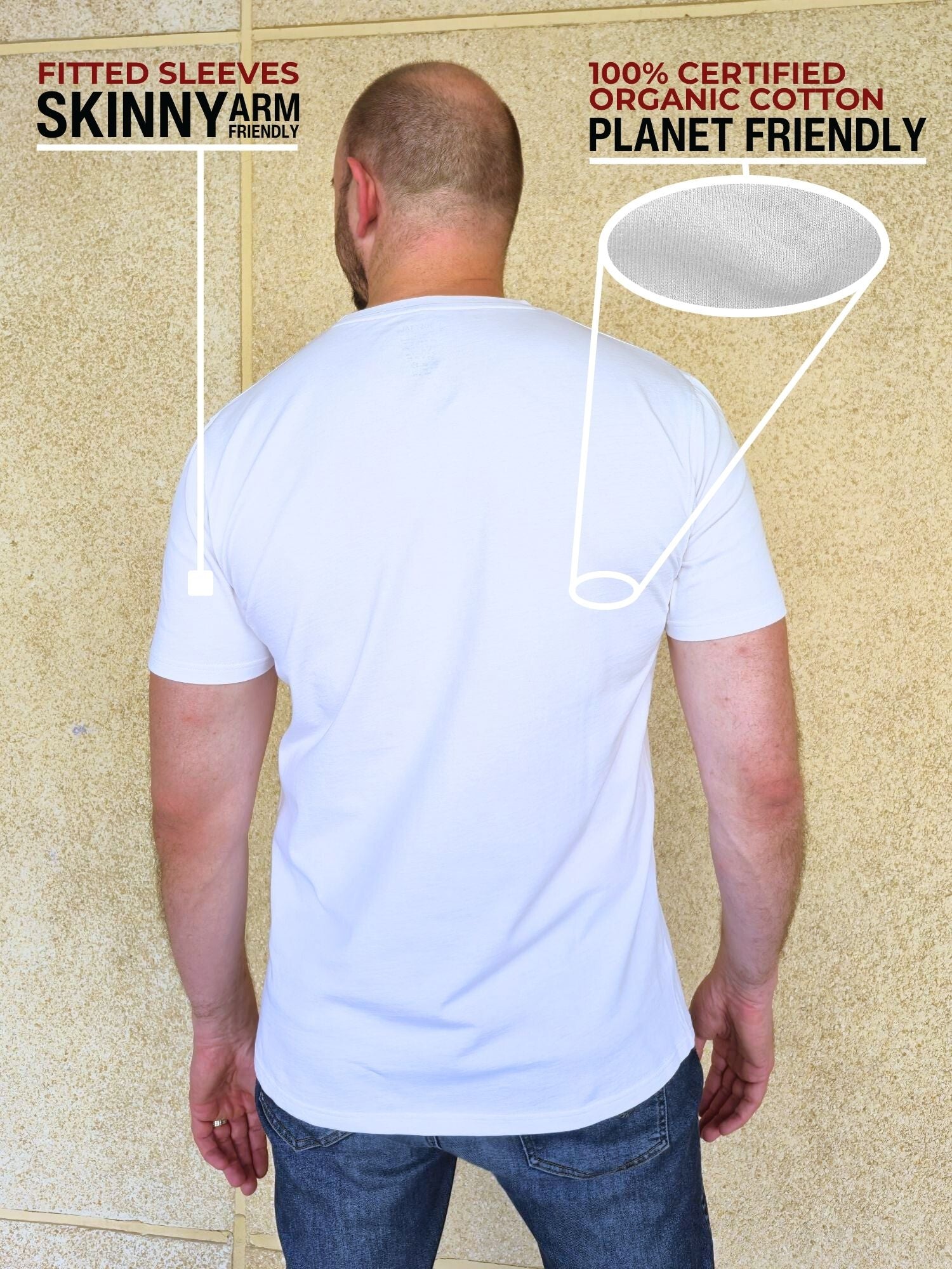 A shot from behind of a tall slim man wearing an XL tall heavyweight white t-shirt.