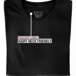 A close up of the tagless itch-free black tall t-shirt neck label.