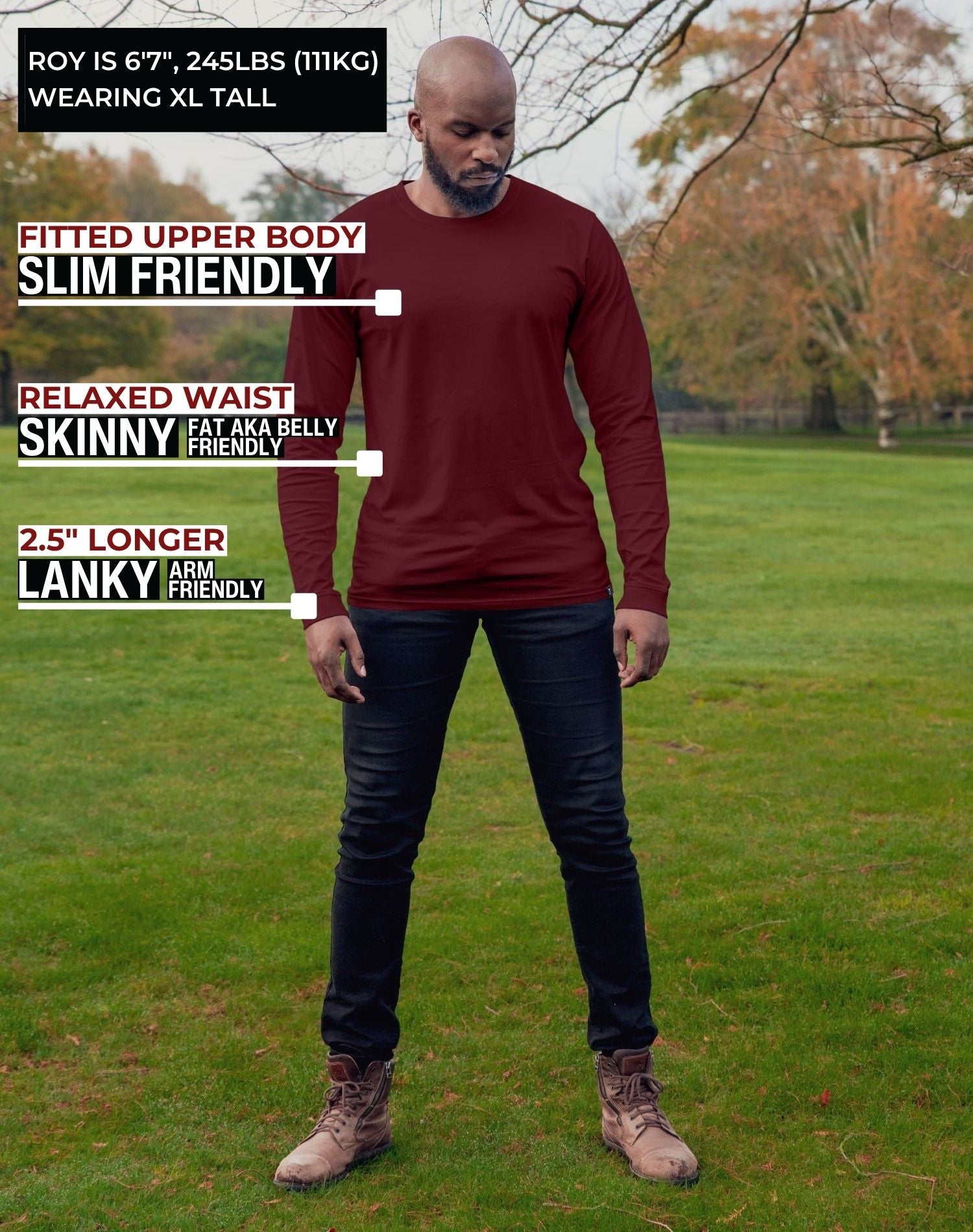 A head to toe shot of a tall athletic guy wearing an XL tall maroon long sleeve t-shirt, standing in a park and looking down at the Just Tall logo.