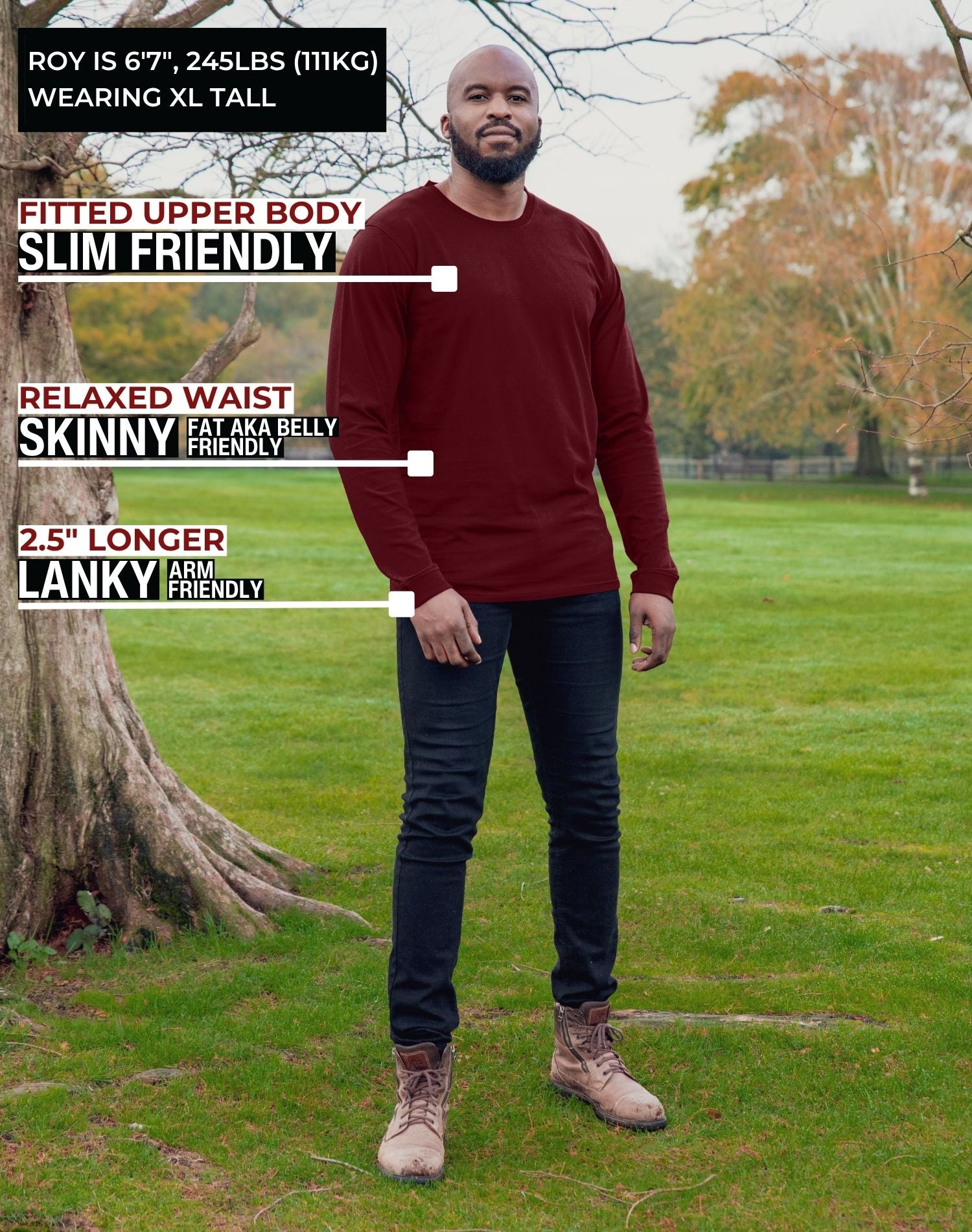A head to toe shot of a tall athletic guy wearing an XL tall maroon long sleeve t-shirt, standing in a park and looking down at the Just Tall logo.