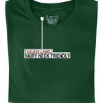 A close up of the tagless itch-free darkg green tall t-shirt neck label.