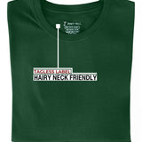 A close up of the tagless itch-free darkg green tall t-shirt neck label.
