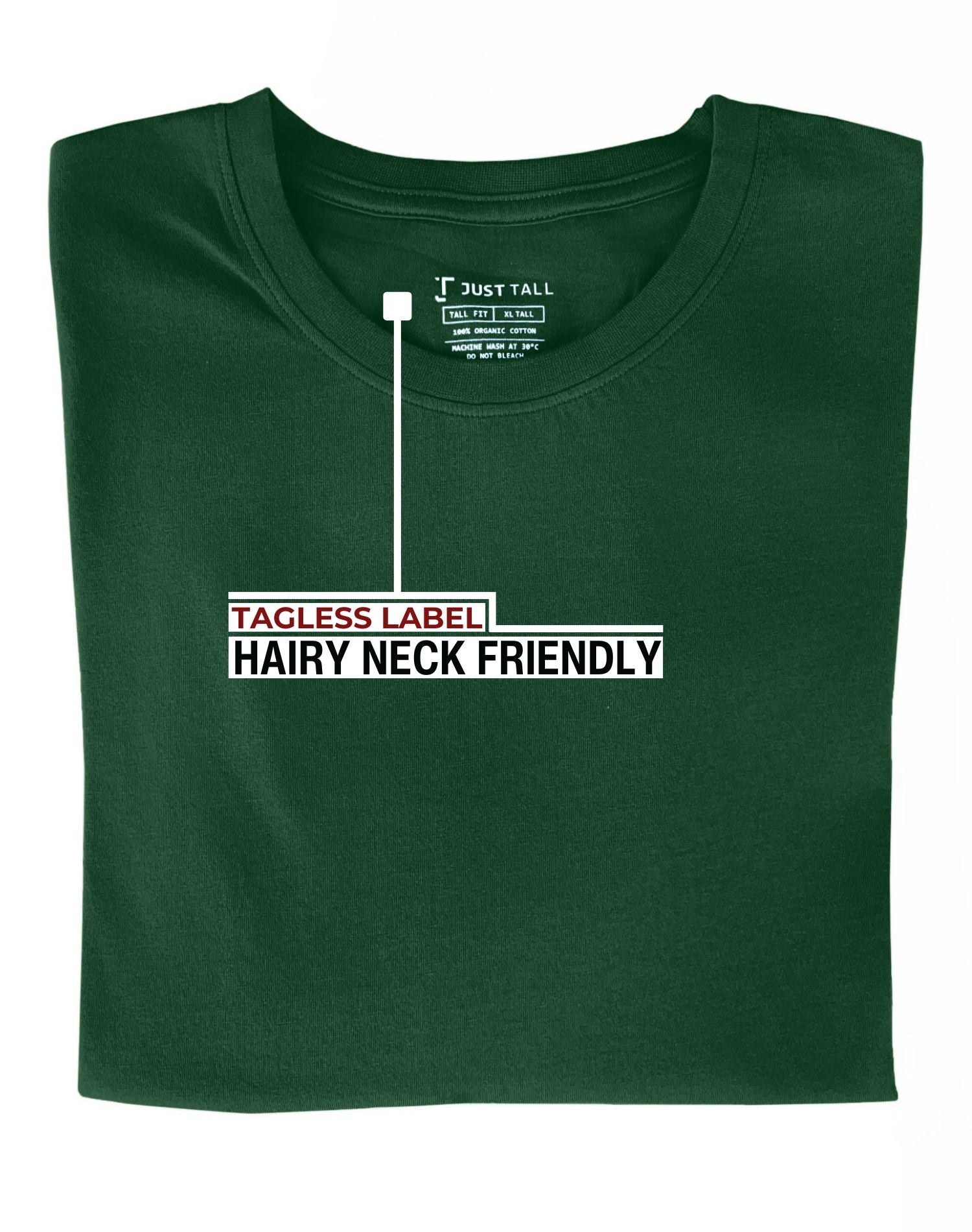 A close up of the tagless itch-free darkg green tall t-shirt neck label.