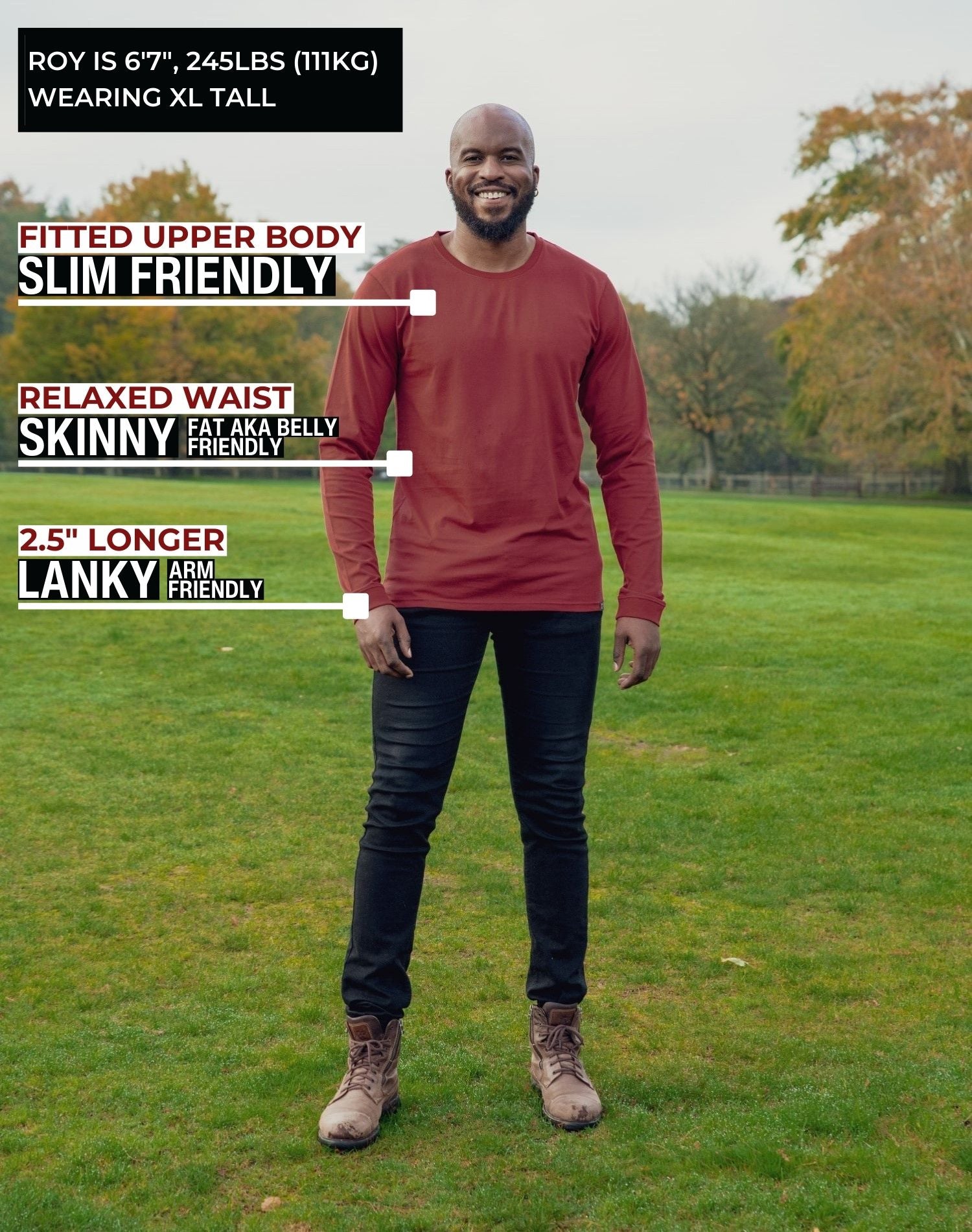 A head to toe shot of a tall athletic guy in a park wearing a dark orange long sleeve tall t-shirt.