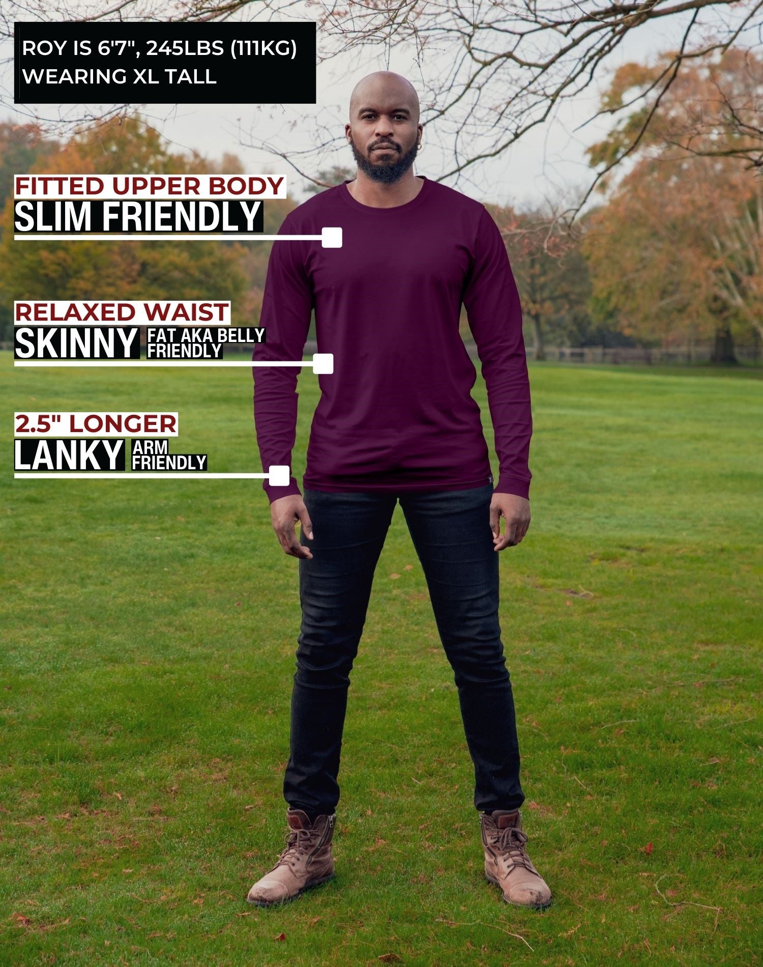 A head to toe shot of a tall athletic guy in a park wearing a dark purple long sleeve tall t-shirt.