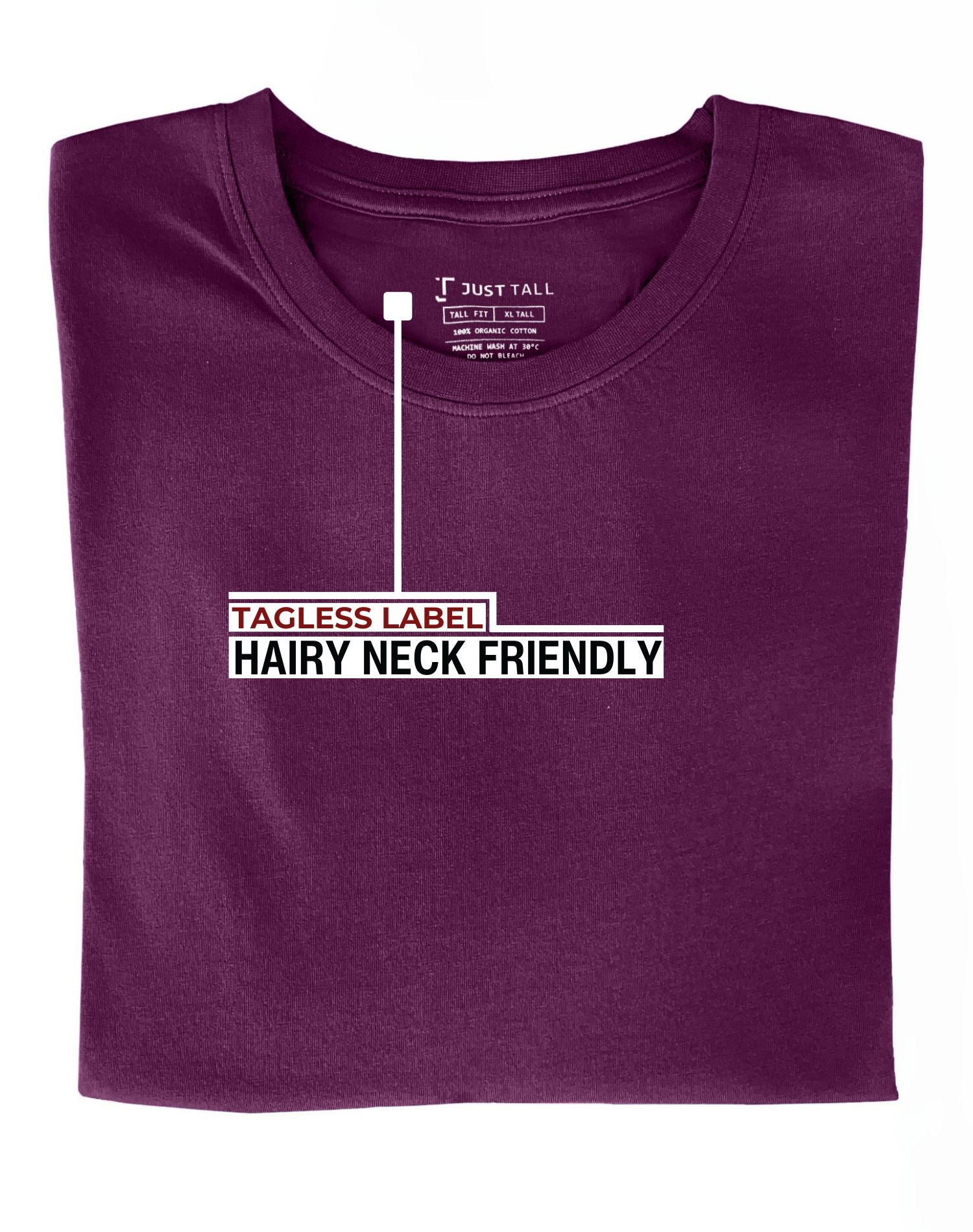 A close up of the tagless itch-free dark purple tall t-shirt neck label.