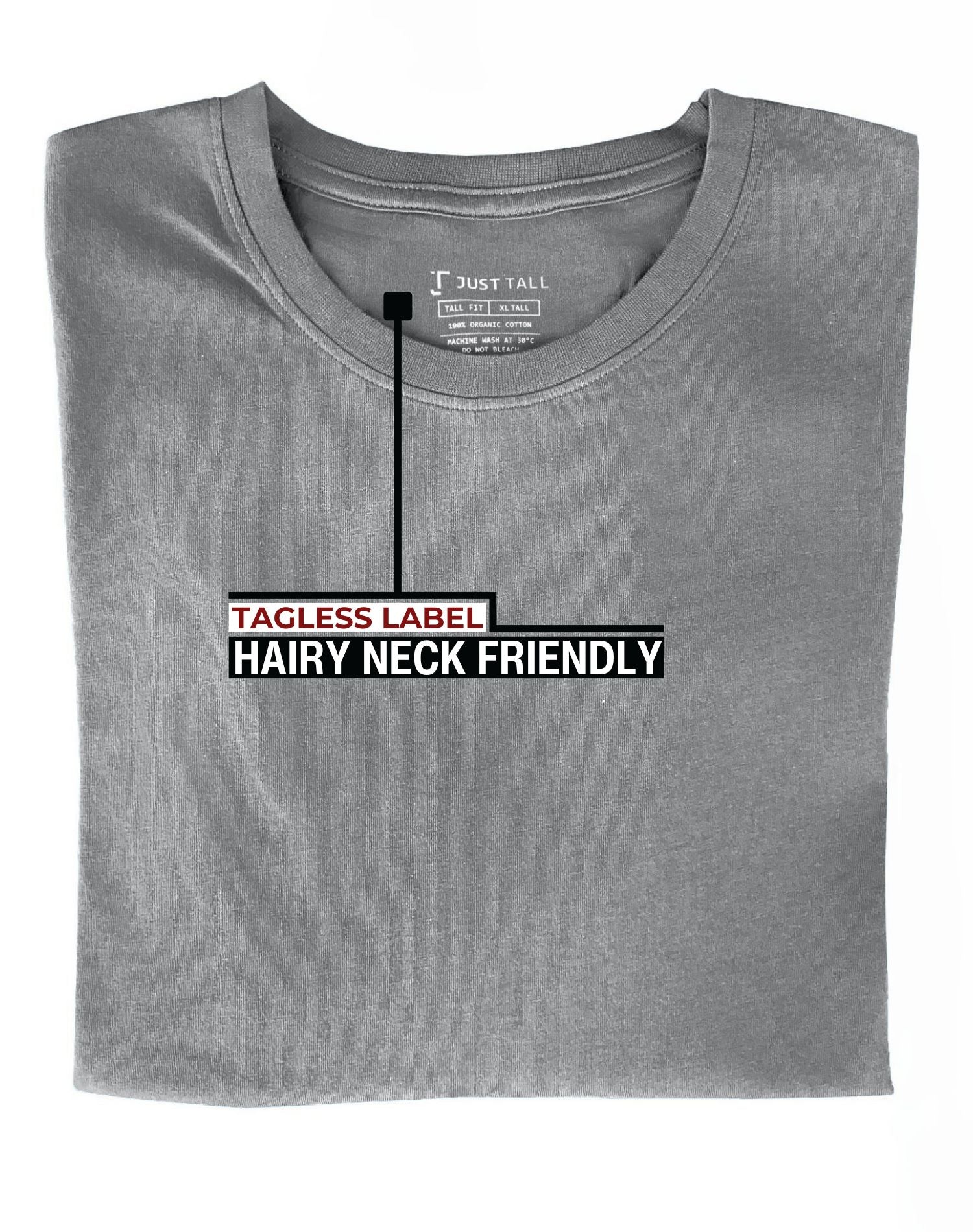 A close up of the tagless itch-free light grey tall t-shirt neck label.