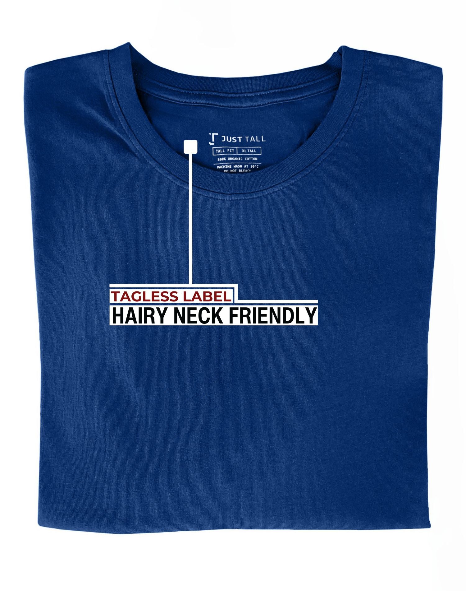 A close up of the tagless itch-free navy tall t-shirt neck label.
