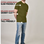 A head to toe shot of a tall muscular guy  in a studio and wearing an olive XL tall t-shirt.