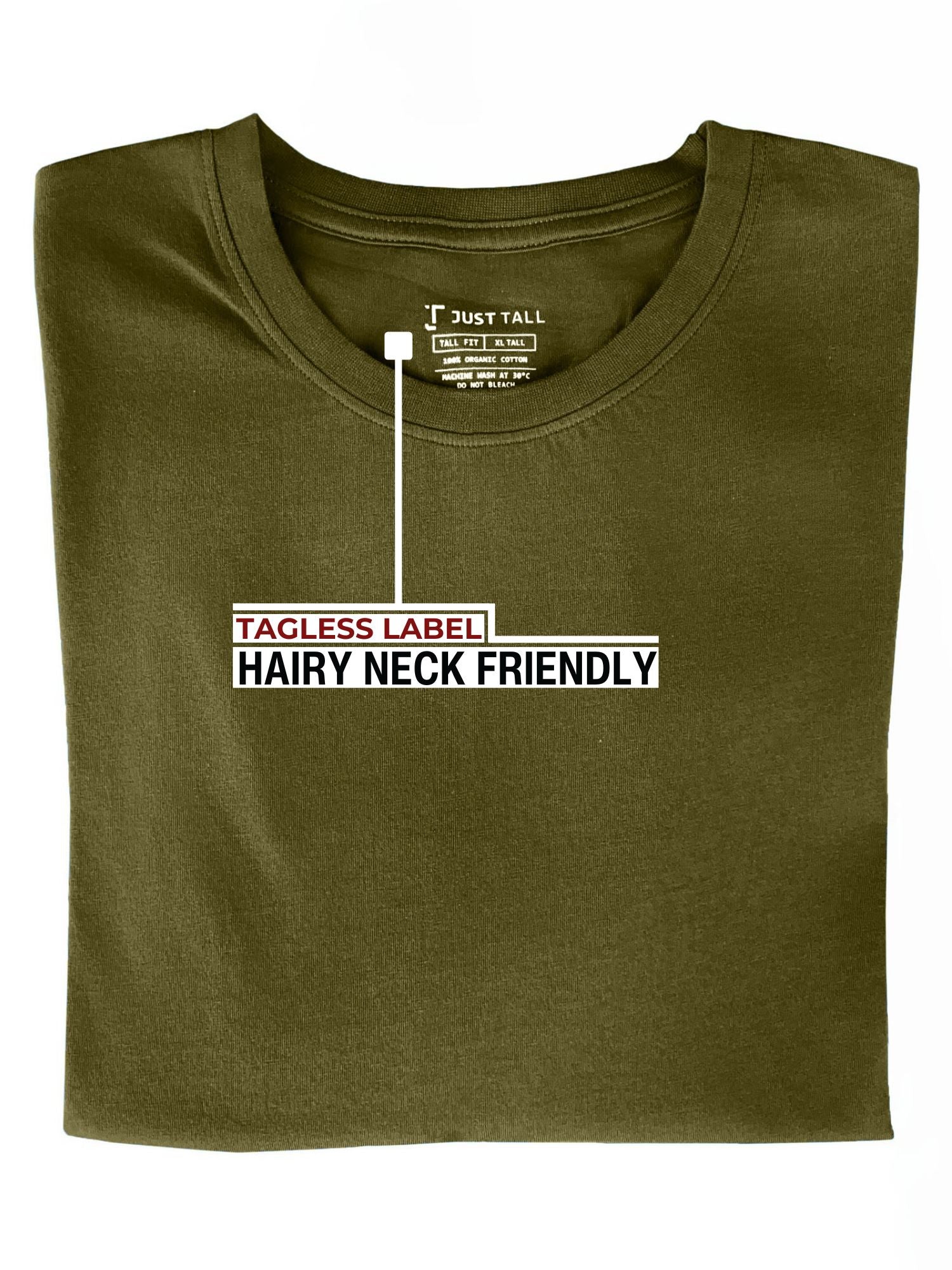 A folded olive XL tall t-shirt showing the tagless label.